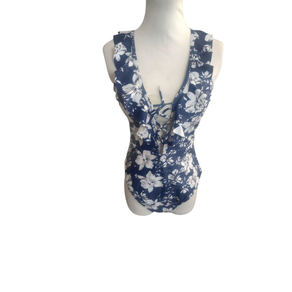 Size M Sheshow Blue White  Floral Busty Ruffle Women's One Piece Swimsuit